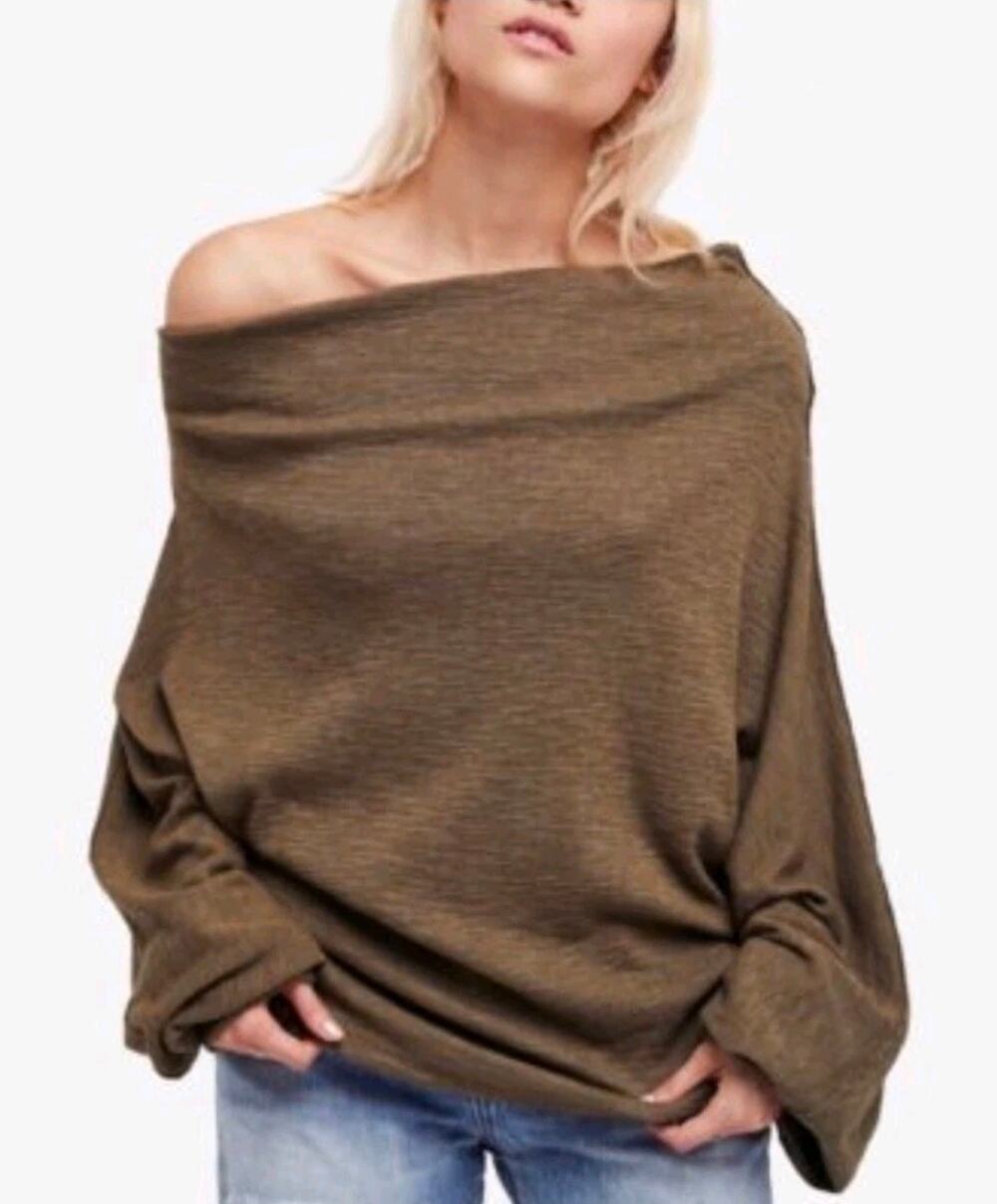 We The Free People Skyline Thermal Olive Green Top Long Sleeve Slouchy Boho M